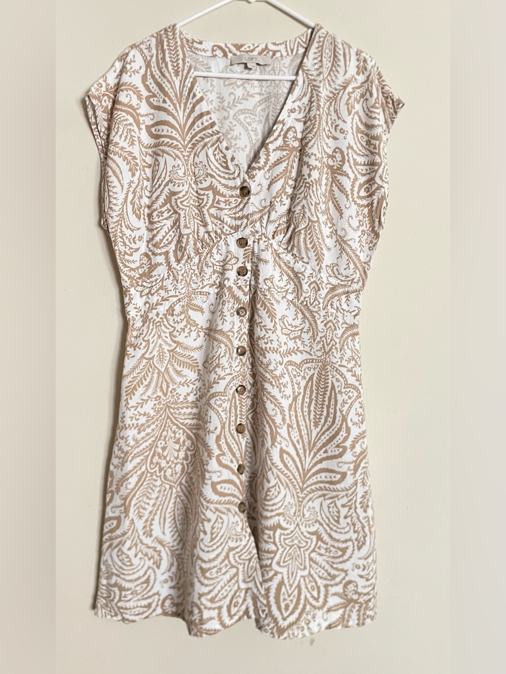 Loft Linen Blend Tan and White Button Front Cap Sleeve Dress